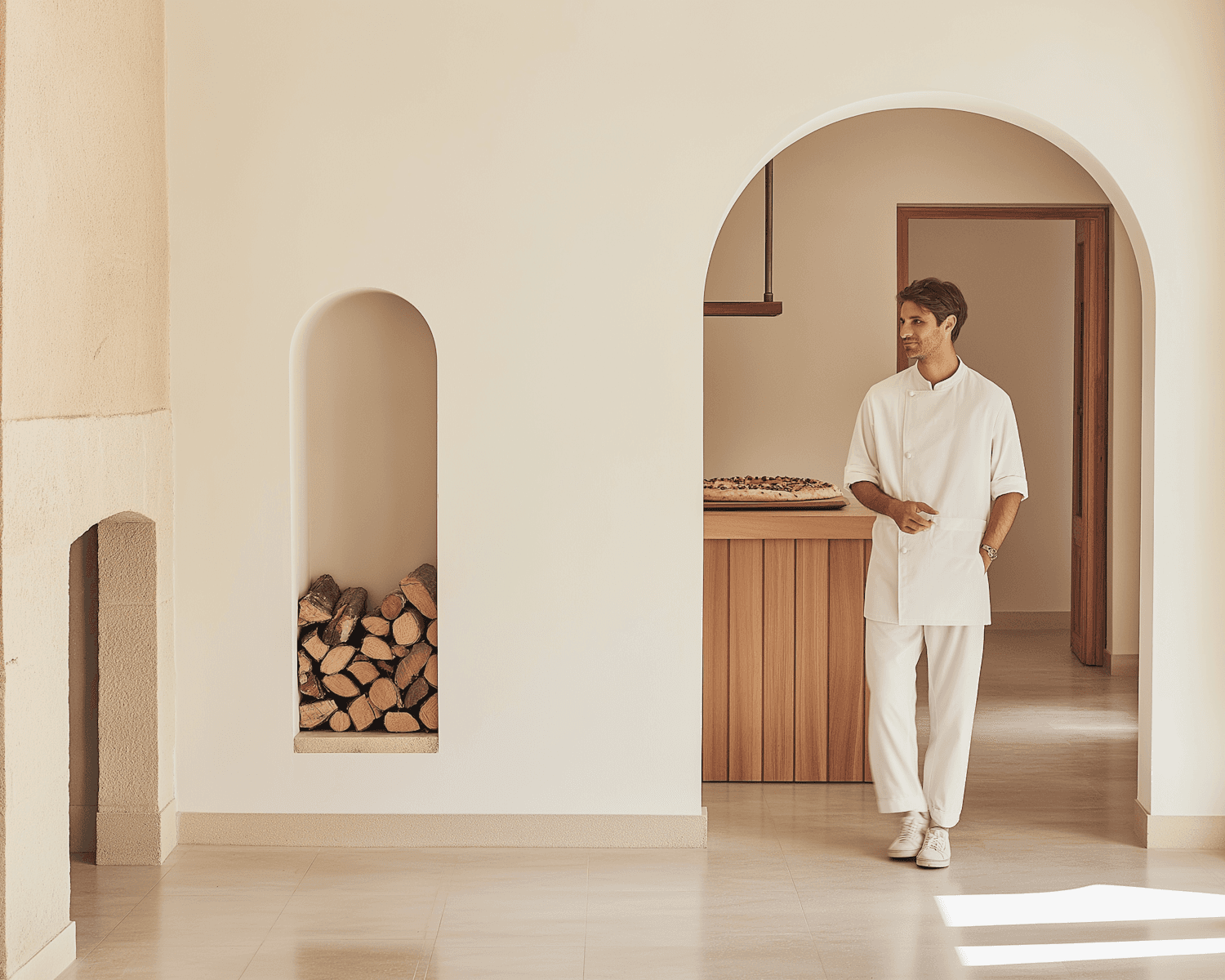 Marco Bellini con la chaquetilla blanca junto al mostrador de madera de la cocina.